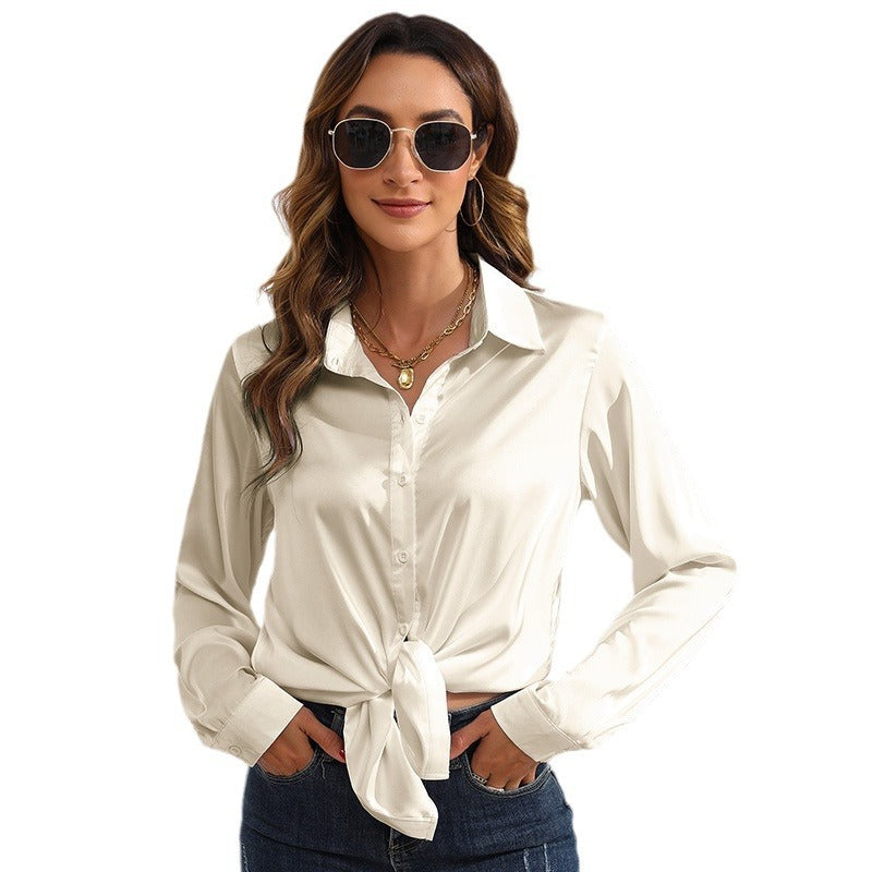 Blusa de satén liso de manga larga para mujer, Camisa