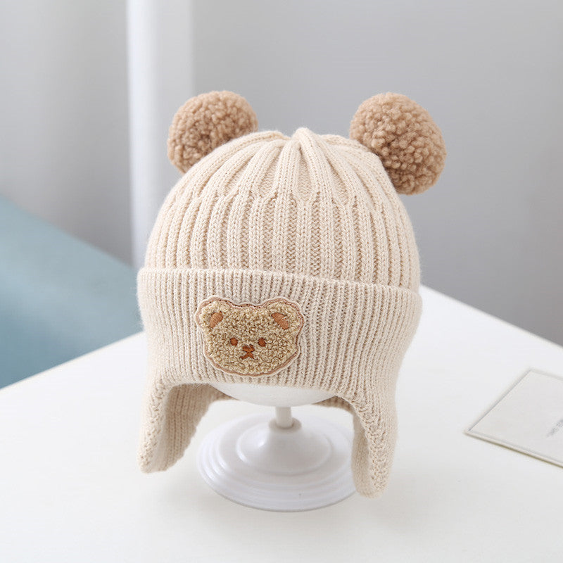 Gorro de bebé con orejeras cálidas Gorro de lana de punto con bonito oso para bebé, para niñas