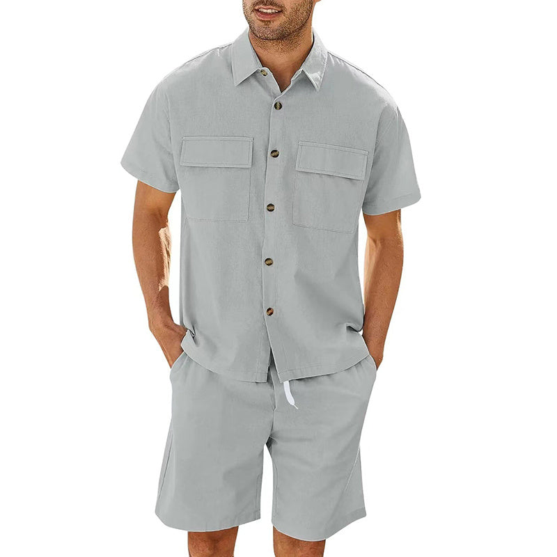 Traje de verano camisa de hombre de manga corta con solapas y bolsillos y pantalón corto con cordón