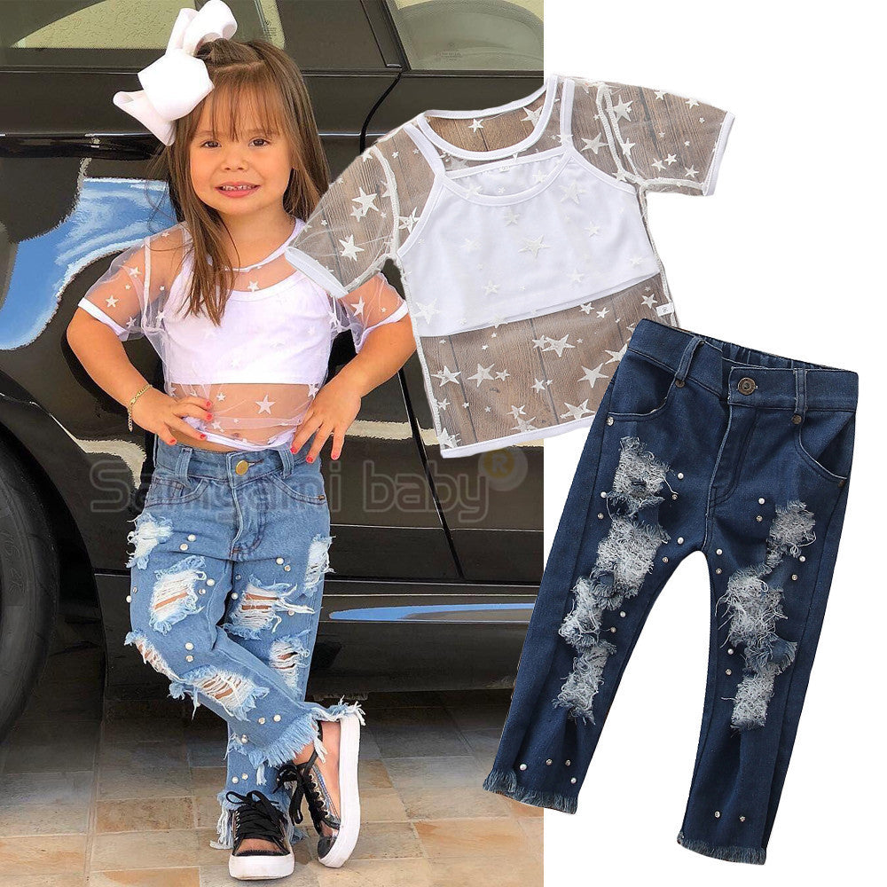 Disfraces Bebé Niñas Estrellas Manga Corta Camiseta Tops Agujero Pantalones De Mezclilla Perla Jeans Conjunto De Ropa De 3 Piezas