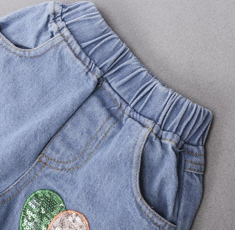 Ropa para niñas Algodón Camiseta con letras amarillas Traje de jeans