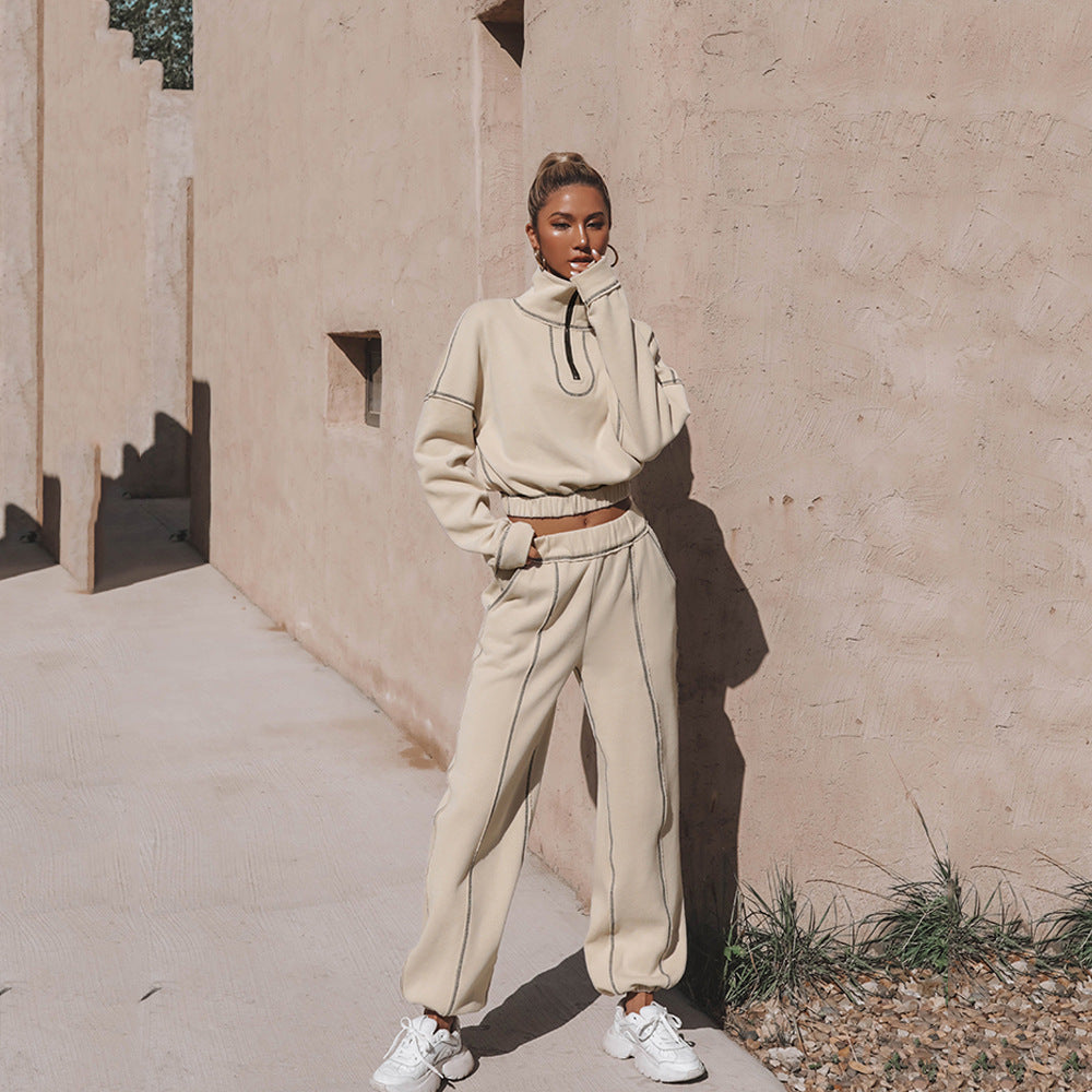 Traje deportivo Sudadera de manga larga Top corto con cremallera y pantalones rectos sueltos Ropa de mujer