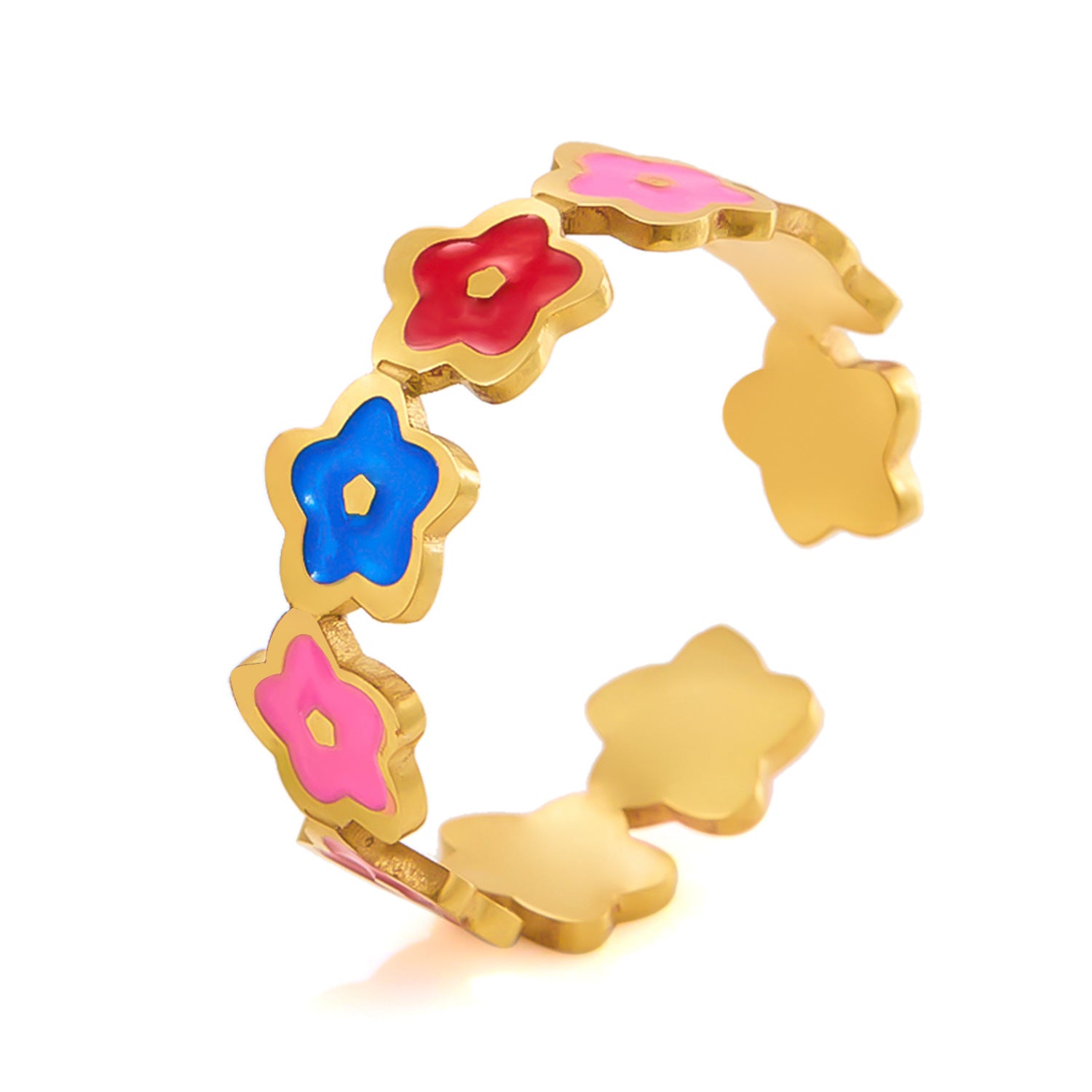 Anillo de acero inoxidable para mujer con aberturas de flores de colores dulces ajustable