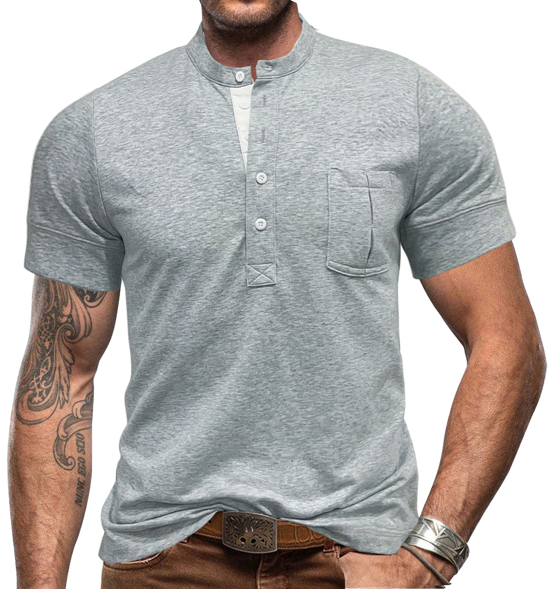 Camiseta de hombre Polo abierto con cuello redondo y manga corta con bolsillo