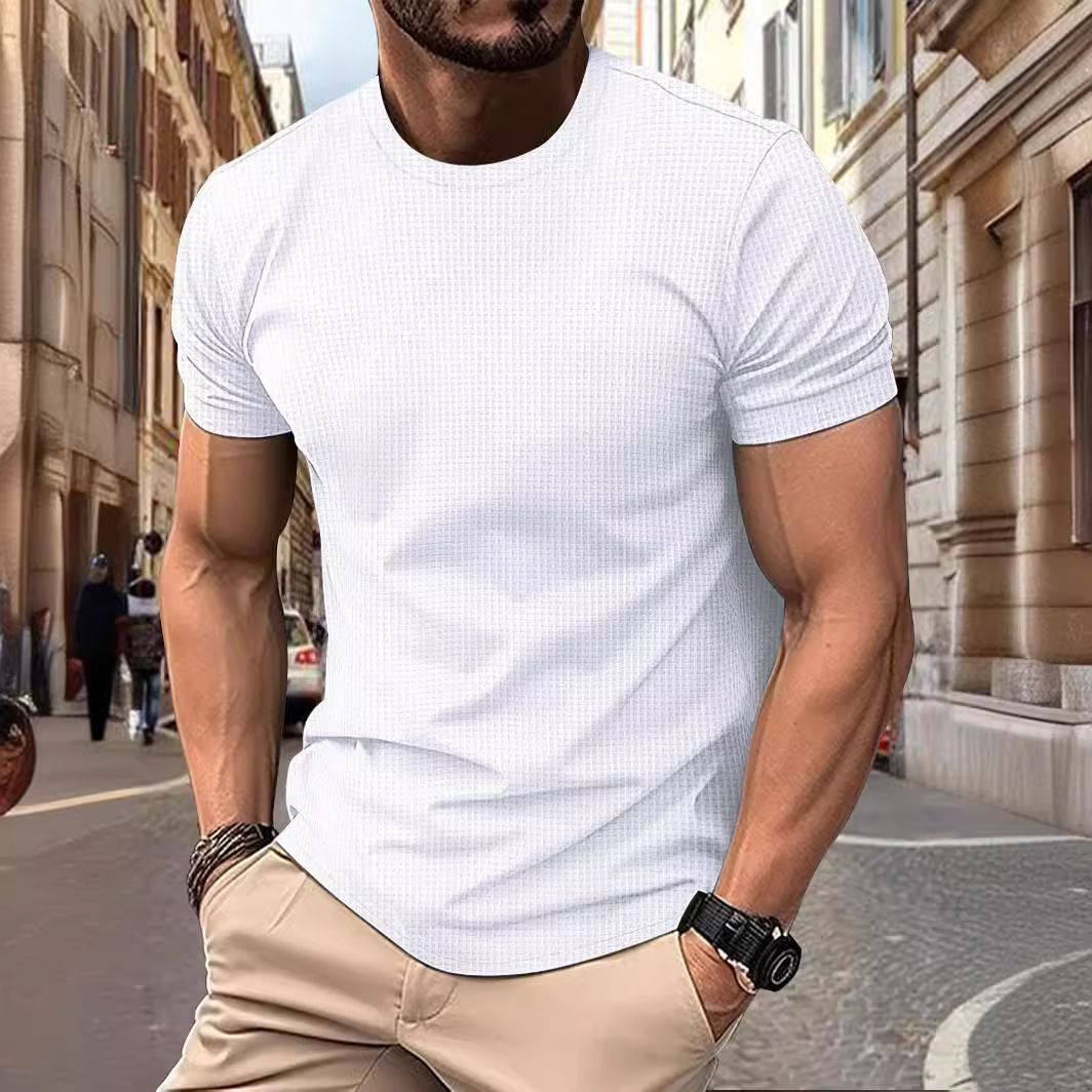 Camiseta de manga corta de seda de hielo de malla de alta gama, cuello redondo para hombre, Color sólido de verano