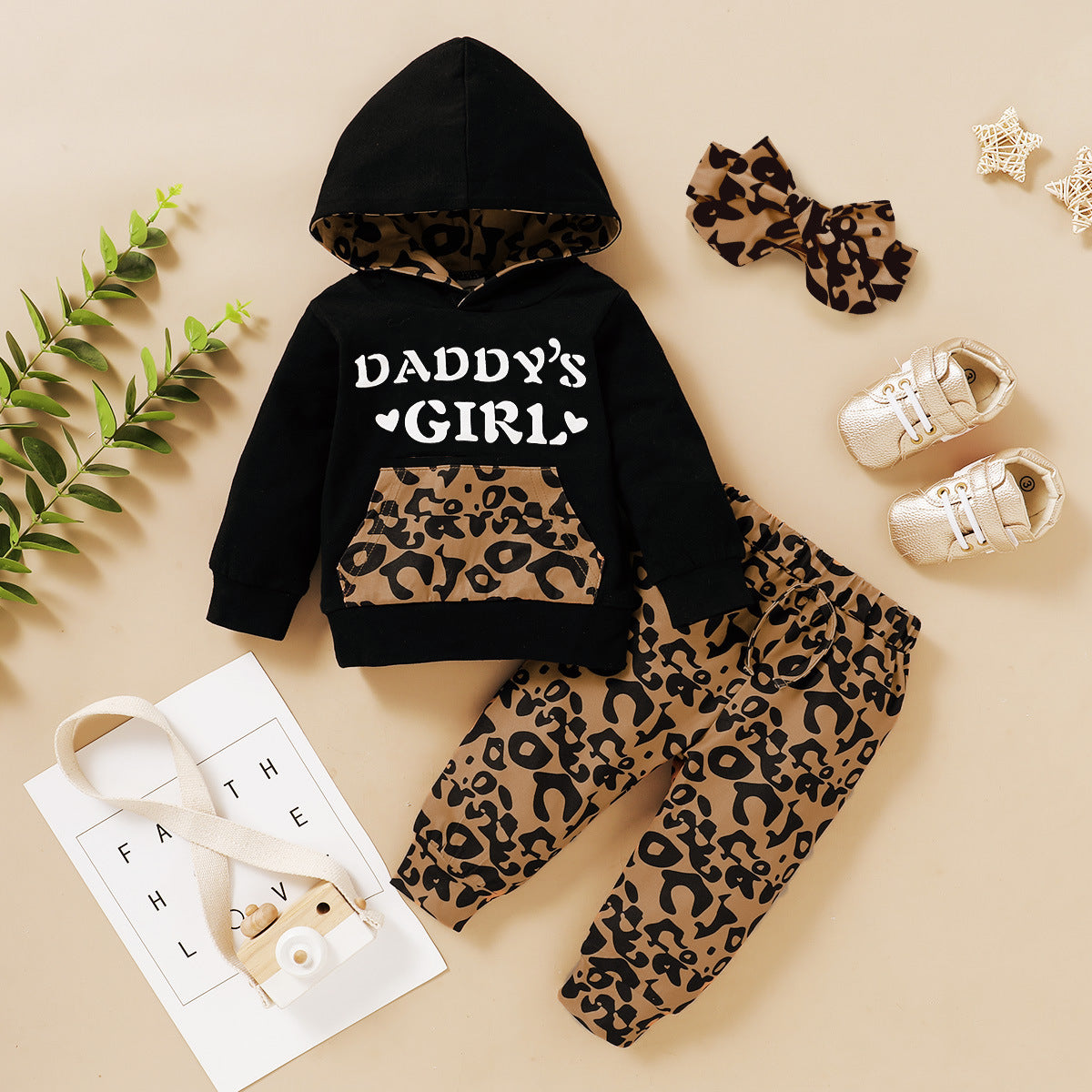 Ropa para niños y niñas Ropa con estampado de letras y capucha con estampado de leopardo