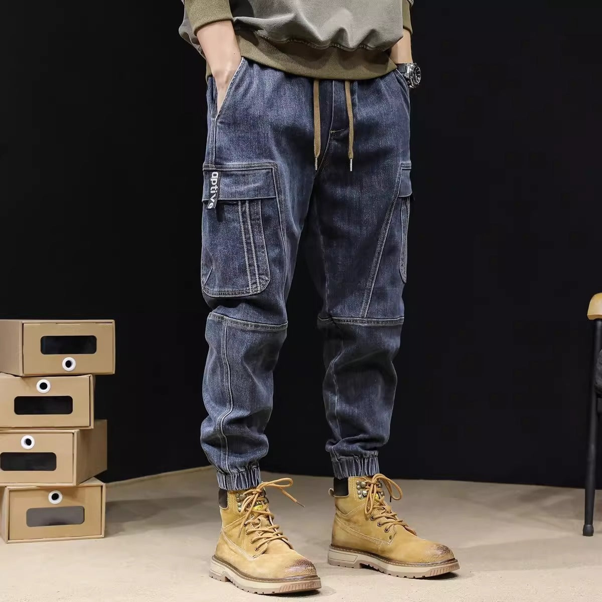 Pantalones vaqueros sueltos con cintura elástica retro para hombre