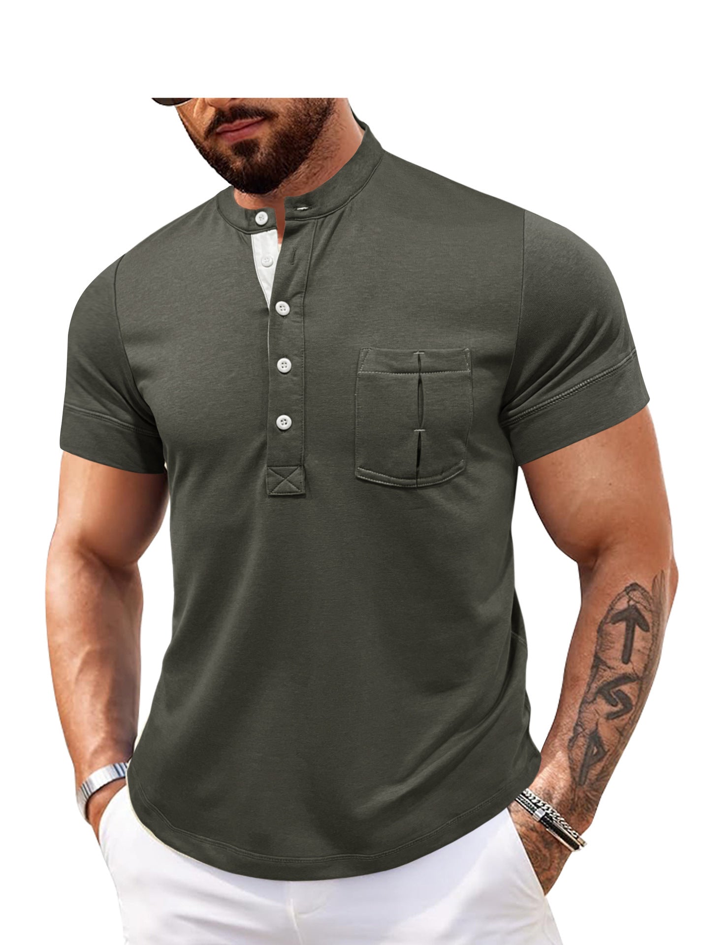 Camiseta de hombre Polo abierto con cuello redondo y manga corta con bolsillo