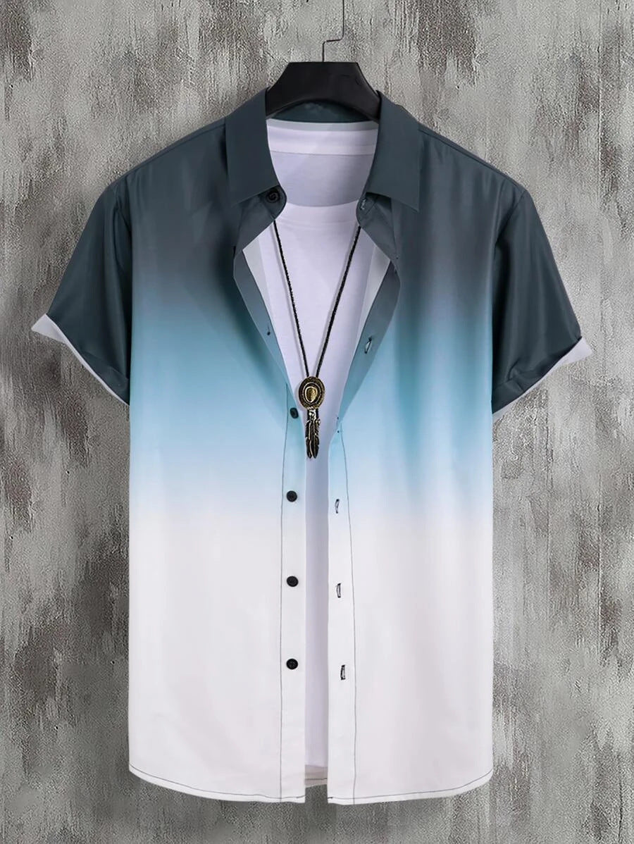 Camisa hawaiana de manga corta informal con degradado de playa para hombre