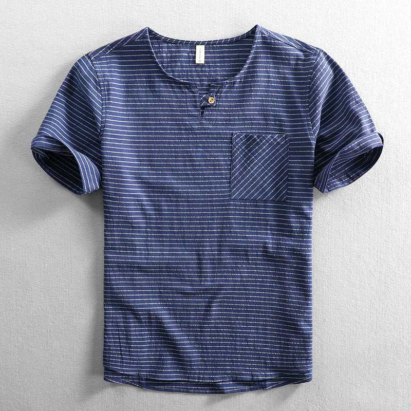 Camiseta de manga corta sin cuello a rayas delgadas Camiseta de algodón holgada informal para hombres