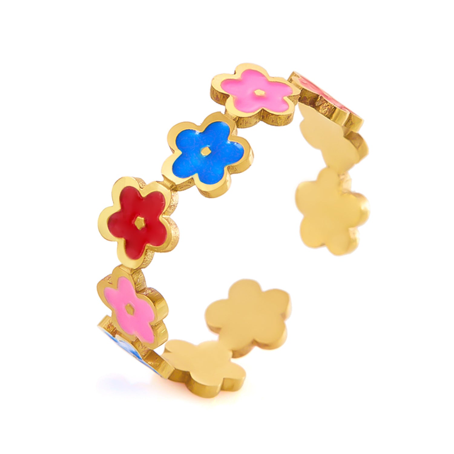 Anillo de acero inoxidable para mujer con aberturas de flores de colores dulces ajustable