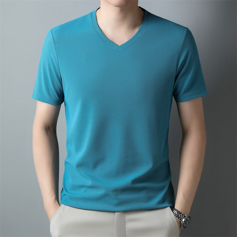 Camiseta de manga corta con cuello en V de color sólido informal delgada para hombre