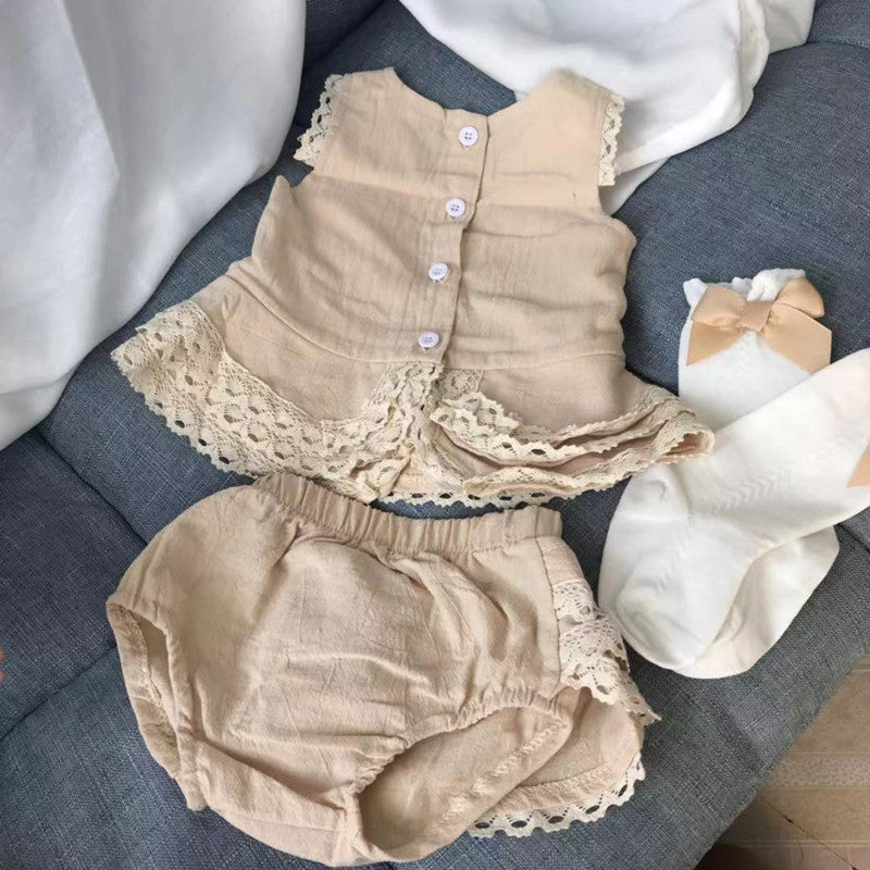 Traje infantil de encaje, camiseta sin mangas para niñas pequeñas