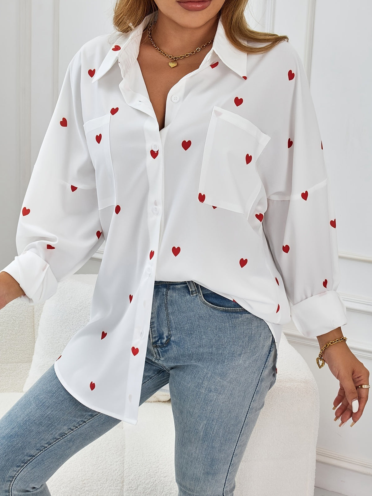 Camisa holgada de amor con estampado informal para mujer exterior