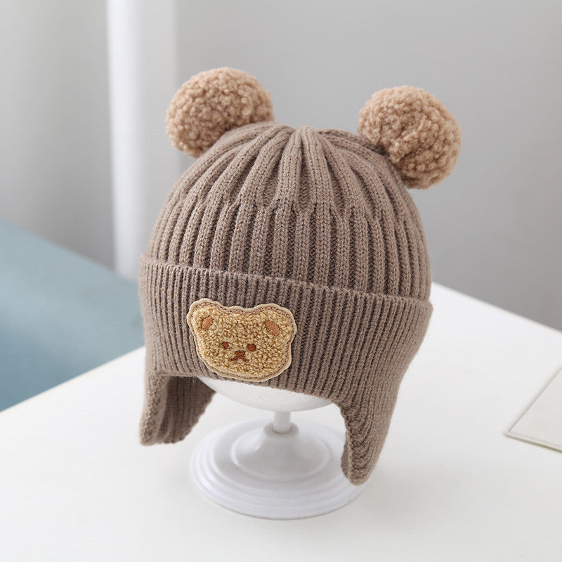 Gorro de bebé con orejeras cálidas Gorro de lana de punto con bonito oso para bebé, para niñas