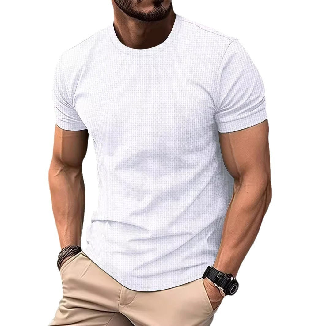 Camiseta de manga corta de seda de hielo de malla de alta gama, cuello redondo para hombre, Color sólido de verano