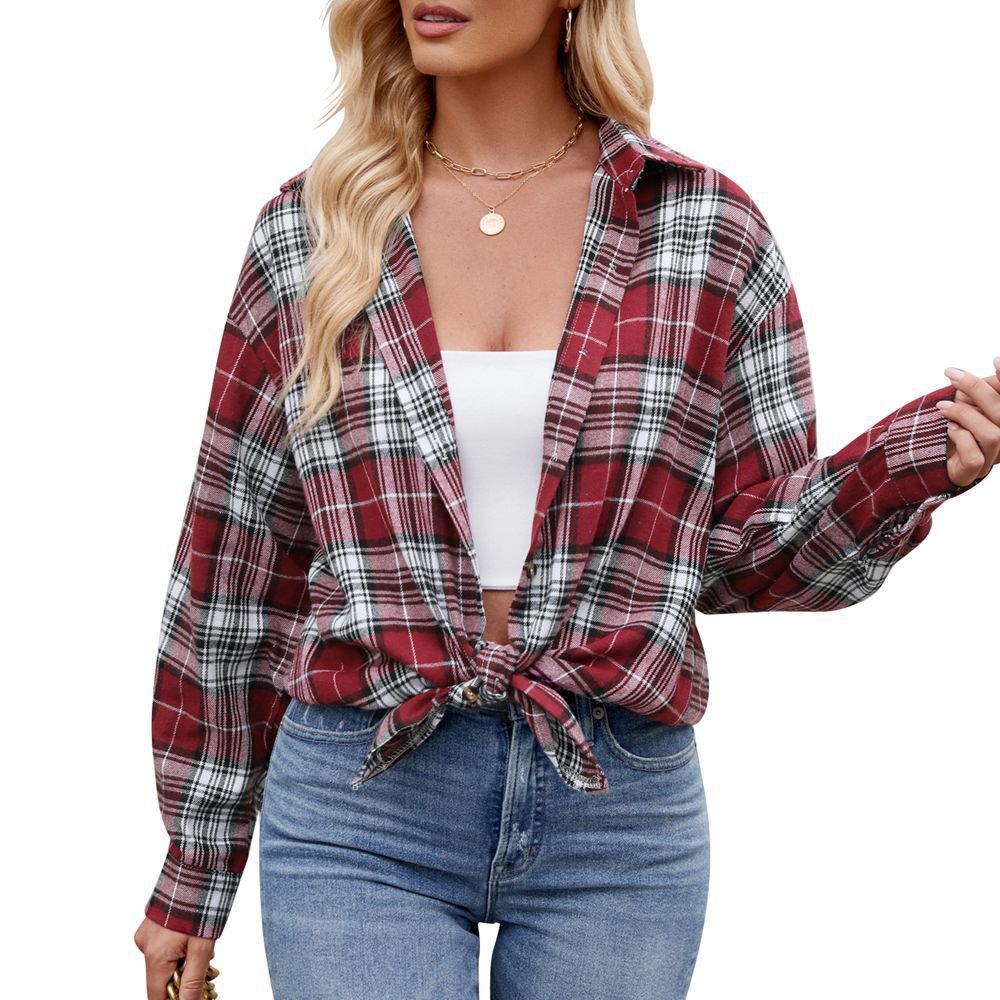 Camisa holgada a cuadros de calle de moda casual para mujer