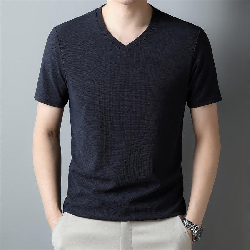 Camiseta de manga corta con cuello en V de color sólido informal delgada para hombre