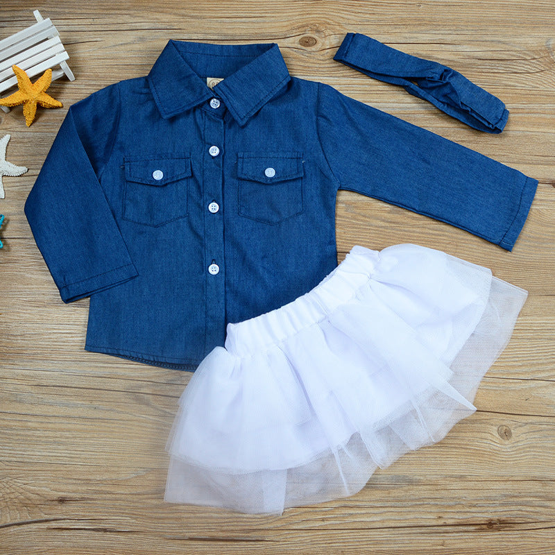 Traje para niña Traje de tres piezas Falda de malla y chaqueta vaquera de manga larga