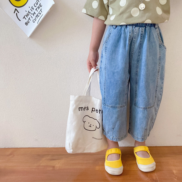 Pantalones de pierna ancha de mezclilla retro para niñas Pantalones delgados sueltos de nueve puntos para niños Tendencia