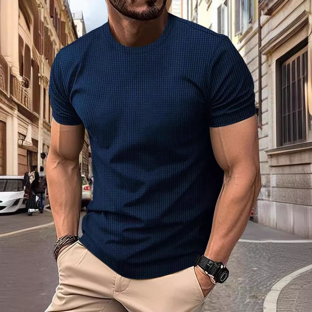 Camiseta de manga corta de seda de hielo de malla de alta gama, cuello redondo para hombre, Color sólido de verano