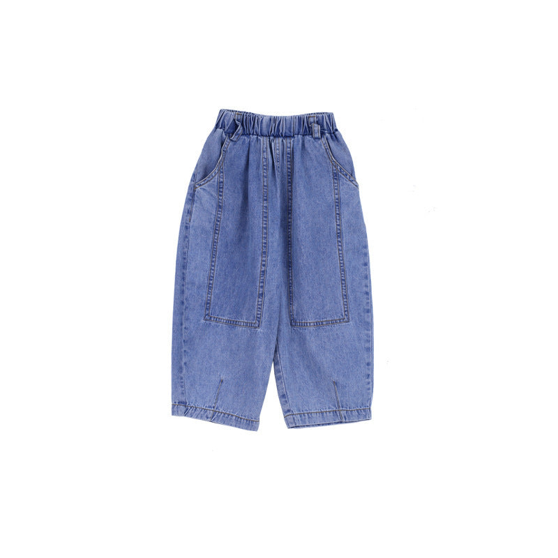 Pantalones de pierna ancha de mezclilla retro para niñas Pantalones delgados sueltos de nueve puntos para niños Tendencia