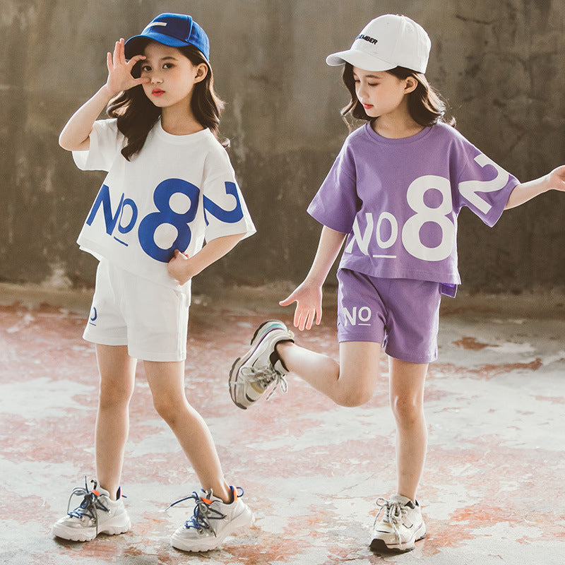 Traje deportivo de dos piezas para niños grandes, de manga corta, holgado, para niña