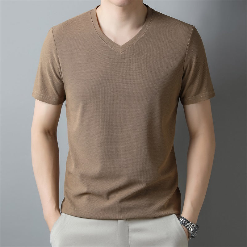 Camiseta de manga corta con cuello en V de color sólido informal delgada para hombre