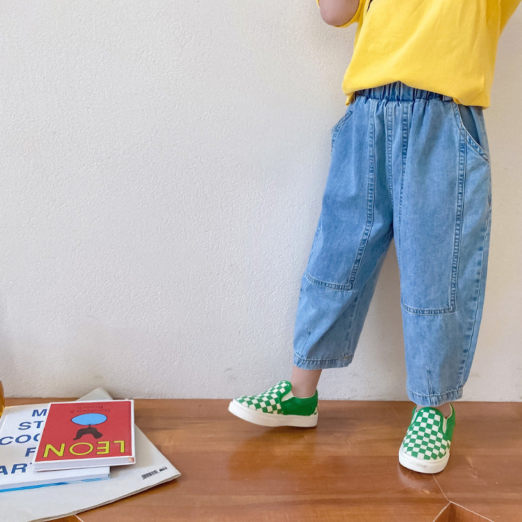 Pantalones de pierna ancha de mezclilla retro para niñas Pantalones delgados sueltos de nueve puntos para niños Tendencia