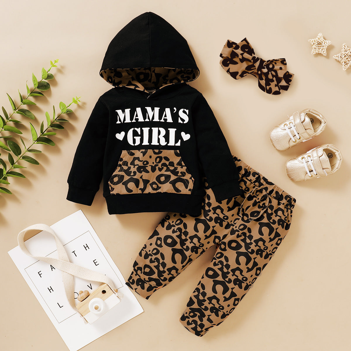 Ropa para niños y niñas Ropa con estampado de letras y capucha con estampado de leopardo