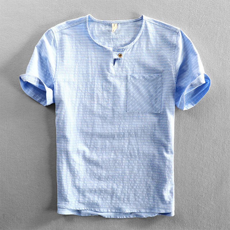 Camiseta de manga corta sin cuello a rayas delgadas Camiseta de algodón holgada informal para hombres