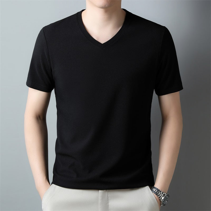 Camiseta de manga corta con cuello en V de color sólido informal delgada para hombre