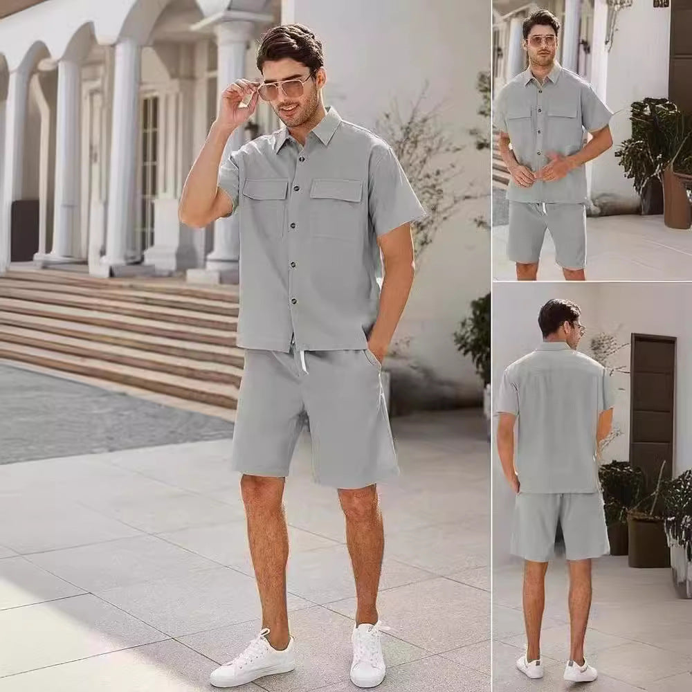 Traje de verano camisa de hombre de manga corta con solapas y bolsillos y pantalón corto con cordón