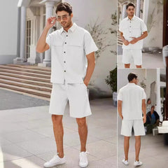 Traje de verano camisa de hombre de manga corta con solapas y bolsillos y pantalón corto con cordón