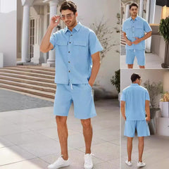 Traje de verano camisa de hombre de manga corta con solapas y bolsillos y pantalón corto con cordón