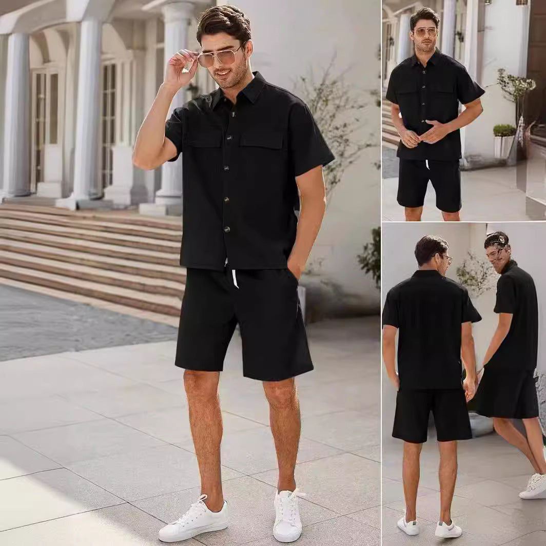 Traje de verano camisa de hombre de manga corta con solapas y bolsillos y pantalón corto con cordón