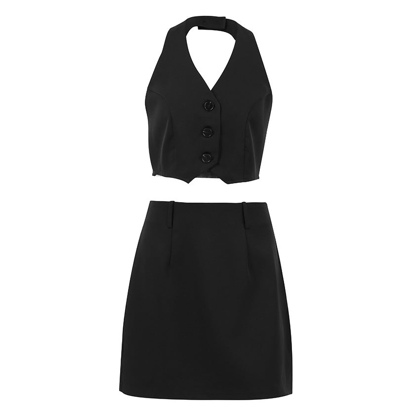 Traje, Conjunto de dos piezas de chaqueta con chaleco halter negro de moda para mujer