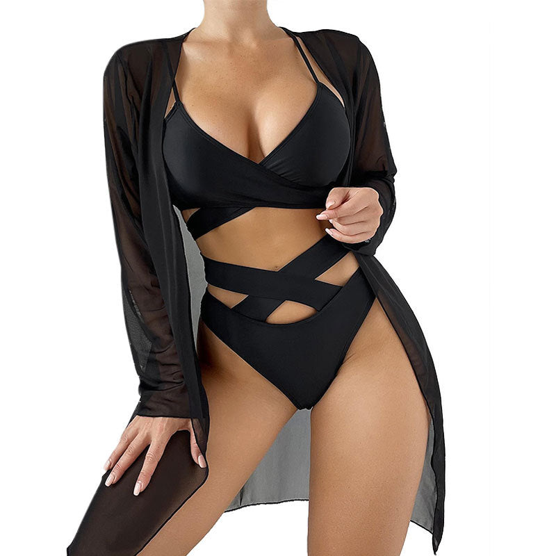 Traje de baño, Conjunto de tres piezas de bikini con protección solar y blusa tipo chal para mujer