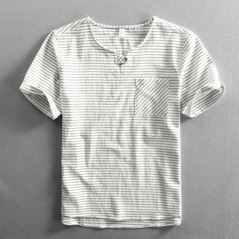 Camiseta de manga corta sin cuello a rayas delgadas Camiseta de algodón holgada informal para hombres