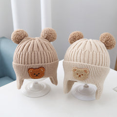 Gorro de bebé con orejeras cálidas Gorro de lana de punto con bonito oso para bebé, para niñas