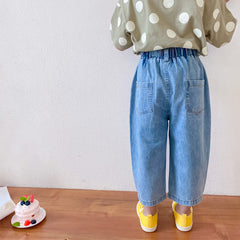 Pantalones de pierna ancha de mezclilla retro para niñas Pantalones delgados sueltos de nueve puntos para niños Tendencia