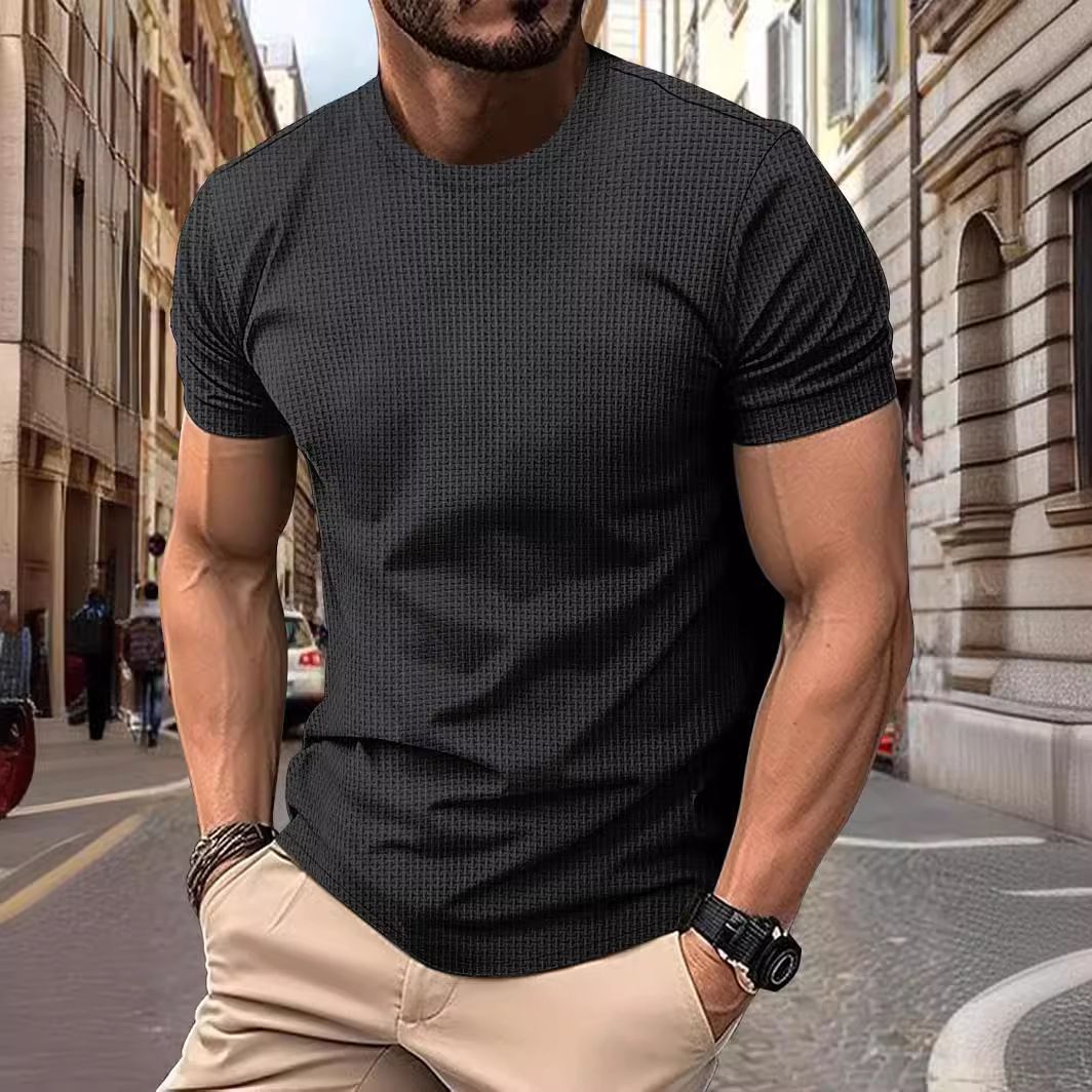 Camiseta de manga corta de seda de hielo de malla de alta gama, cuello redondo para hombre, Color sólido de verano