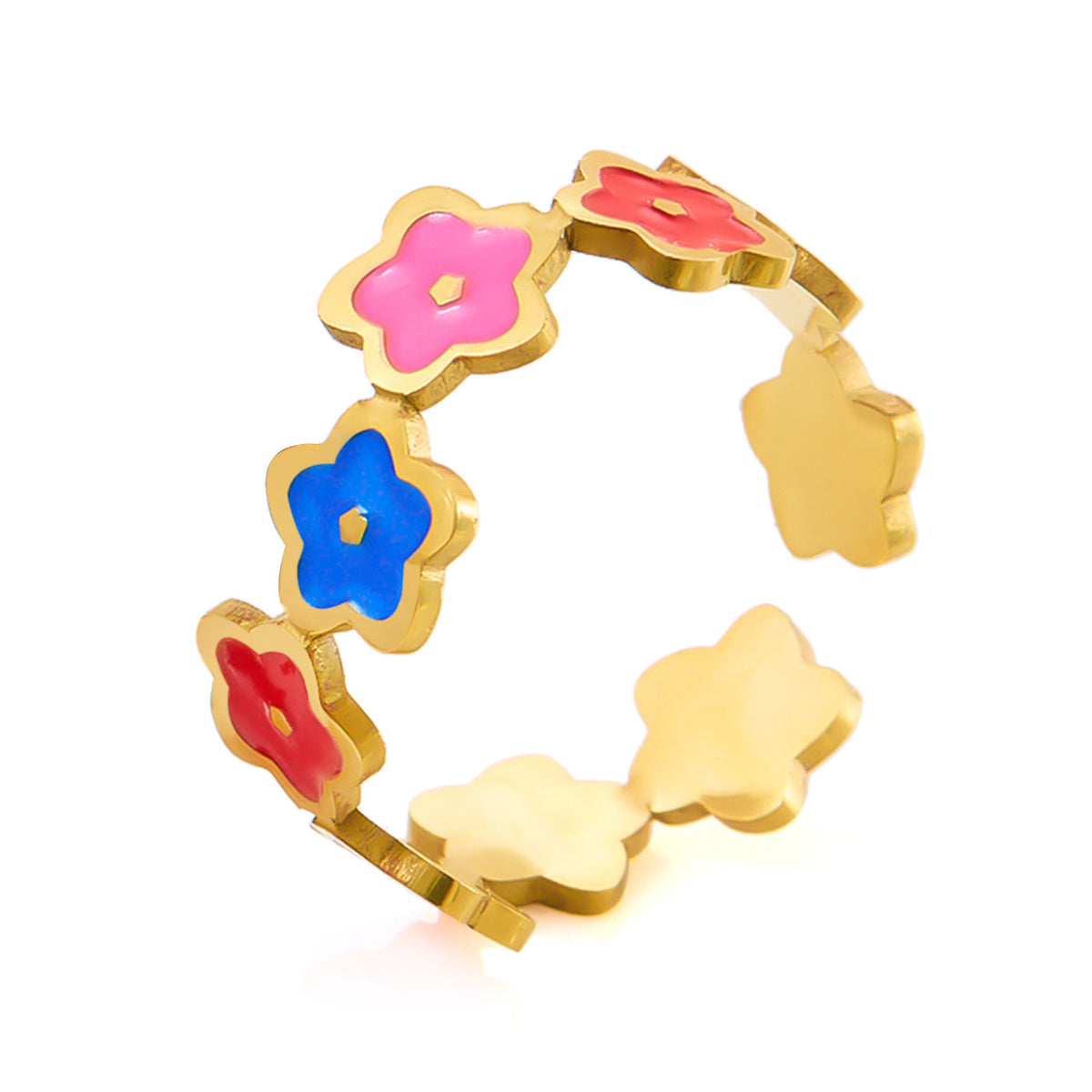 Anillo de acero inoxidable para mujer con aberturas de flores de colores dulces ajustable