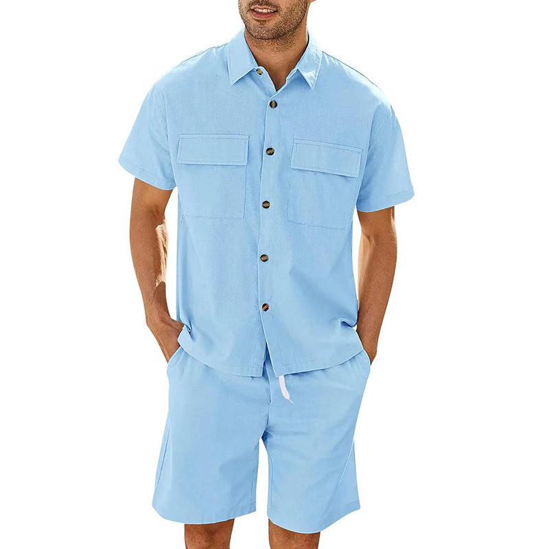 Traje de verano camisa de hombre de manga corta con solapas y bolsillos y pantalón corto con cordón