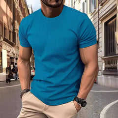 Camiseta de manga corta de seda de hielo de malla de alta gama, cuello redondo para hombre, Color sólido de verano