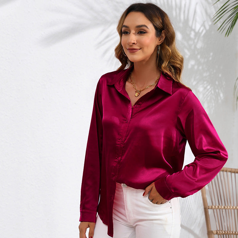 Blusa de satén liso de manga larga para mujer, Camisa