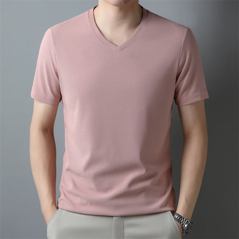 Camiseta de manga corta con cuello en V de color sólido informal delgada para hombre