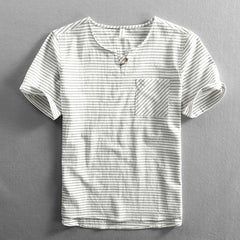 Camiseta de manga corta sin cuello a rayas delgadas Camiseta de algodón holgada informal para hombres