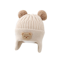 Gorro de bebé con orejeras cálidas Gorro de lana de punto con bonito oso para bebé, para niñas